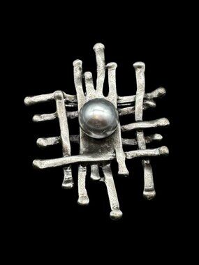 Brutalist Brooch or Pendant Metal Abstract Design with Gray Pearl Center